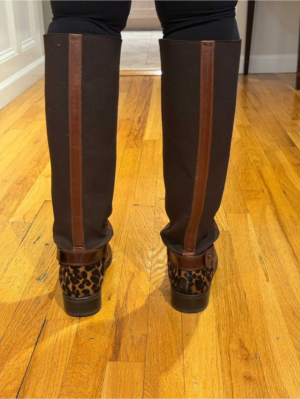 Women's Brown Leather Knee-High Riding Boots with Leopard Accent Stuart Weitzman